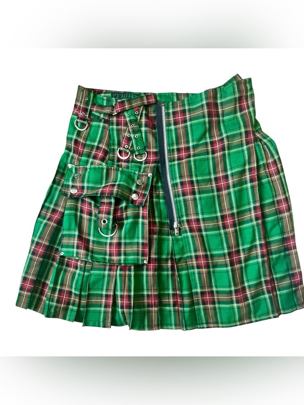 Tripp NYC Men’s Green Goth Kilt Skirt Punk Plaid Cargo Pockets Zipper Size M